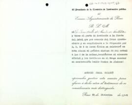 Antoni Porta convida al president del Centre de Lectura a la Festa de l'Arbre que organitza l'ajuntament de Reus