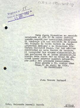 Carta del secretari del Centre de Lectura a Raimunda Borrell Borràs