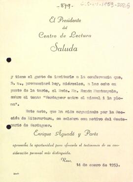 Invitació del president a la conferència de Mn. Ramon Muntanyola