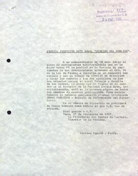 Carta del president informant de la inserció de la nota anual "Derecho del público"