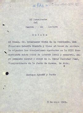 Carta del president informant el governador civil de la província de Tarragona de les conclusions aprovades durant la tretzena sessió de converses sobre temes d'interès local i comarcal