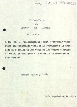 Carta d'agraïment del president al secretari particular del governador civil de la província de Tarragona pel donatiu d'un exemplar de les bases del Jocs Florals d'Àvila