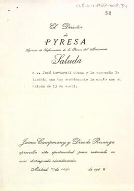 Carta del director de Pyresa a Josep Martorell Òdena