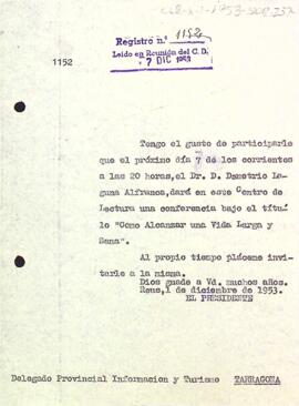 Carta del president al delegat provincial d'informació i turisme de Tarragona