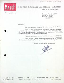 Carta de la revista Paris Match a Francesc Font de Rubinat