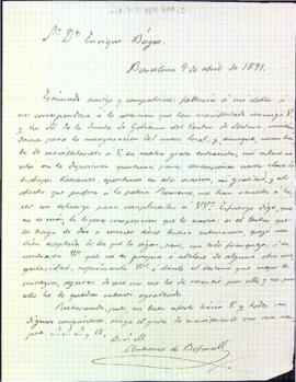 Carta d'Antoni de Bofarull adjuntant un escrit per a la inauguracio del nou local de l'entitat