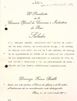 El president de la Cambra de Comerç i Indústria de Reus agraeix l'enviament del programa d'assignatures de l'Escola d'Art