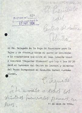 Carta d'invitació del president a la conferència que oferirà Rafael Mestres Llevat