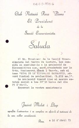 Carta del Club Natació Reus Ploms