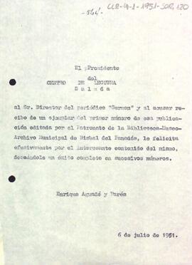 Carta del president al director del diari Germen agraint el donatiu d'un exemplar del primer número publicat