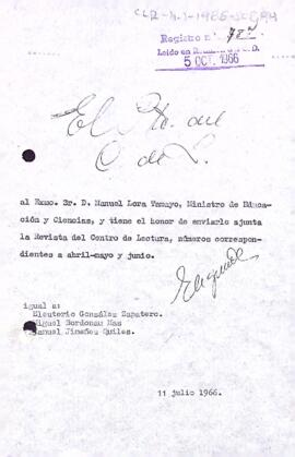 Carta del president comunicant l'enviament d'un exemplar de la Revista del Centre de Lectura