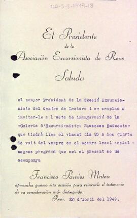 Carta del president de l'Associació Excursionista de Reus