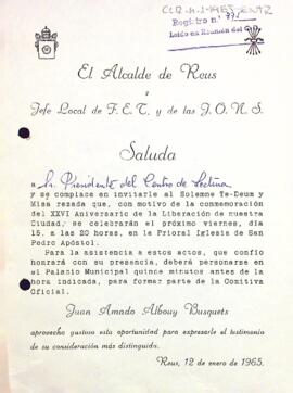 Invitació de l'alcalde de Reus i cap local de F.E.T i de les J.O.N.S al president del Centre de Lectura