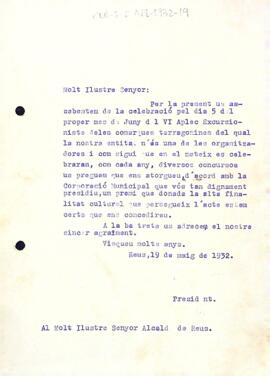 Carta del Centre de Lectura a l'alcalde de Reus