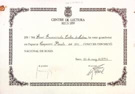 Diploma del Concurs-Exposició Nacional de Roses