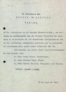 Carta del President del Centre de Lectura a la Secció