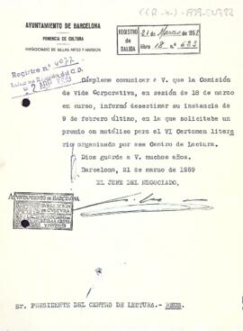 Carta de l'Ajuntament de Barcelona al president del Centre de Lectura