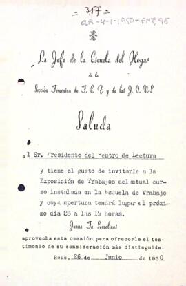 Invitació a l'exposició de treballs de la "Escuela del Hogar"