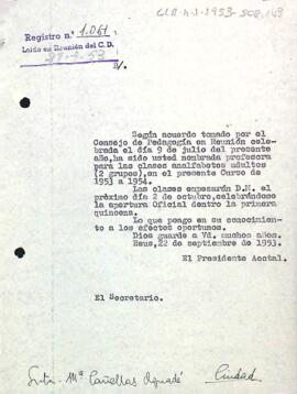 Carta del president accidental a Maria Cañellas Aguadé