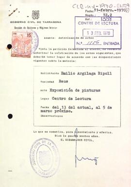 Carta del governador civil al president del Centre de Lectura autoritzant unes exposicions de pintures