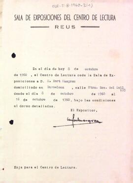 Fitxa de lloguer de la Sala d'Exposicions a M. Tort Masgrau