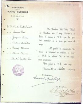 Carta del president i secretari del Consistori dels Jochs Florals de Barcelona comunicant la nova junta
