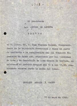 Invitació al vicepresident de la diputació de Tarragona per la inauguració del concurs exposició de roses