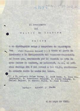 Invitació del president a diverses personalitats a la inauguració de l'Exposició-Concurs de Roses que organitza l'entitat