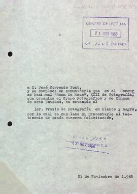 Carta a José Torrents Font comunicant el resultat del Concurs Nacional Rosa de Reus, XIII de Fotografia