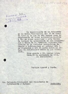 Carta del president al delegat provincial d'informació i turisme de Tarragona