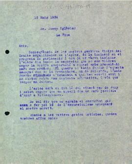 Còpia de la carta de la Secció Excursionista a Josep Iglésies