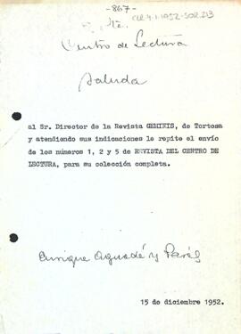 Carta d'Enric Aguadé Parés al Director de la revista Geminis