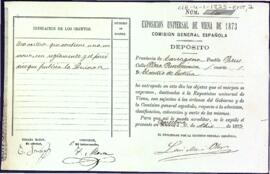 Justificant del dipòsit dels objectes entregats a l'Exposició Universal de Viena de 1873