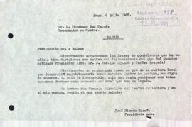 Carta d'agraïment del president a Fernando Bau Carpi
