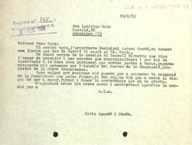 Carta del president a Pere Ladislao Guim amb relació a la compra de la casa del carrer Concepció