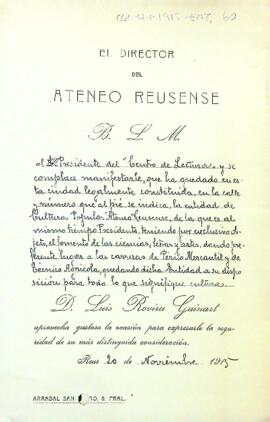 S'informa de la creació de l'Ateneo Reusense