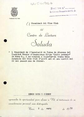 Carta a l'Asociación de Padres de Alumnos del Instituto Técnico de Enseñanza Media "Julio Antonio"
