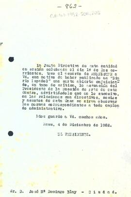 Carta d'amonestació a Josep M. Domingo Blay