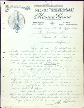 Carta de Mauricio de Grisau a la junta del Centre de Lectura en resposta a les condicions exposades per la comanda de llums de "Mechero"