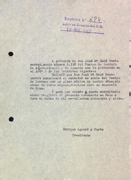 Certificat del Centre de Lectura a Josep M. Mañé Montserrat