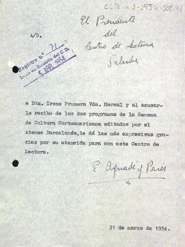 Carta d'agraïment a Irene Prunera, Vda. Marsal