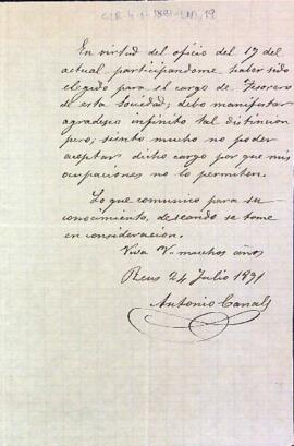 Carta de renúncia d'Antonio Canals al càrrec de Tresorer