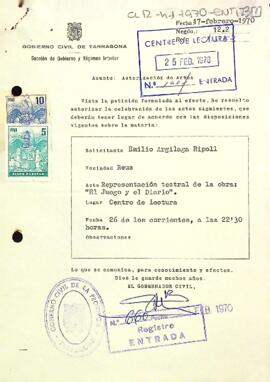 Carta del governador civil al president del Centre de Lectura autoritzant la representació teatral de l'obra "El juego y el diario"