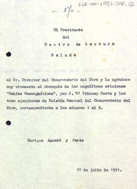 Carta d'agraïment del president al director de l'Observatori de l'Ebre pel donatiu