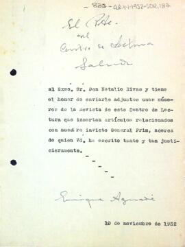 Carta d'Enric Aguadé Parés a Natalio Rivas