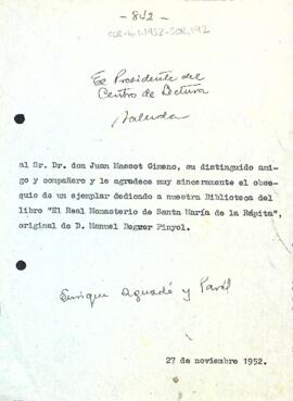 Carta d'agraïment a Joan Massot Gimeno