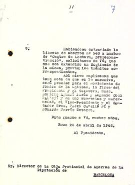 Carta del Centre de Lectura a la Caja Provincial de Ahorros de la Diputación de Barcelona