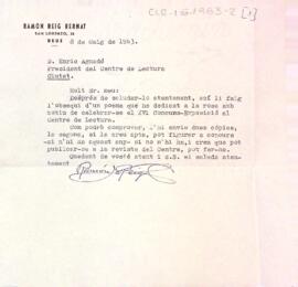 Carta de Ramon Reig Bernat fent arribar la poesia dedicada a la rosa