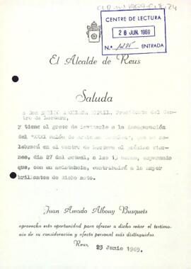 Invitació de l'alcalde de Reus al president del Centre de Lectura