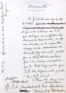Carta del Centre de Lectura al president de la Diputació Provincial de Tarragona